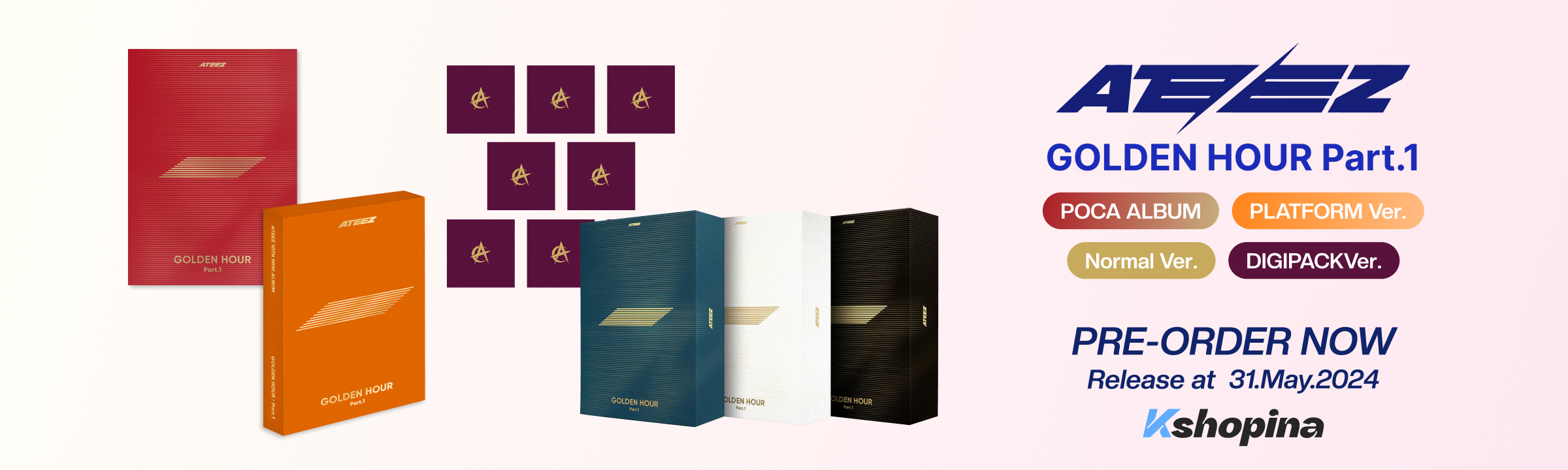 ATEEZ 'Golden Hour Part.1' album promotion, available in four versions.